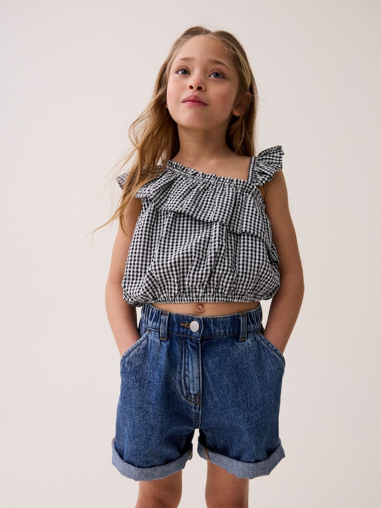 Black/White Gingham One-Shoulder Frill Blouse (3-16yrs) - Image 1 of 7 Black/White Gingham One-Shoulder Frill Blouse (3-16yrs) - Image 1 of 7