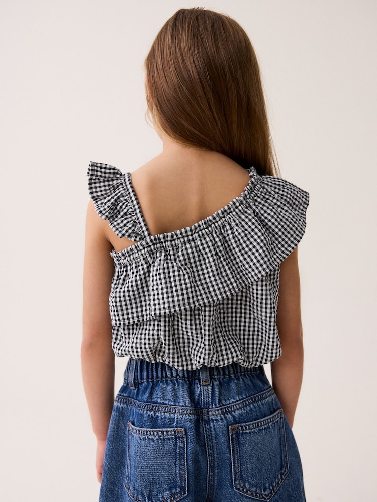 Black/White Gingham One-Shoulder Frill Blouse (3-16yrs) - Image 2 of 7 Black/White Gingham One-Shoulder Frill Blouse (3-16yrs) - Image 2 of 7