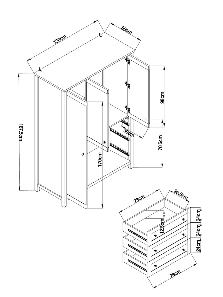 Chalk Malvern Paint Effect Triple, 3 drawers Wardrobe - Image 11 of 11