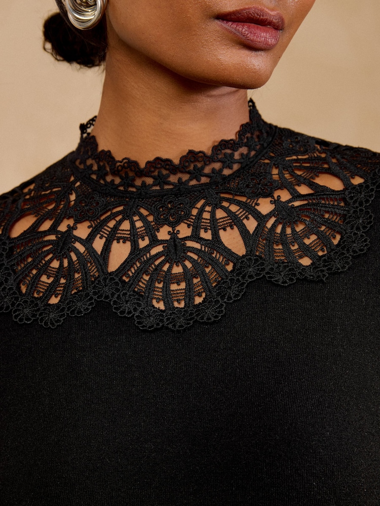 Love & Roses Black Lace Neck Detail Knitted Mini Dress - Image 2 of 4 Love & Roses Black Lace Neck Detail Knitted Mini Dress - Image 2 of 4