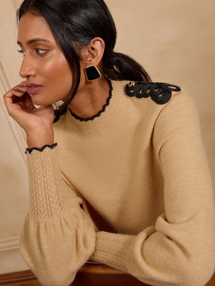Love & Roses Camel Trim Detail High Neck Cosy Knitted Jumper - Image 1 of 5 Love & Roses Camel Trim Detail High Neck Cosy Knitted Jumper - Image 1 of 5