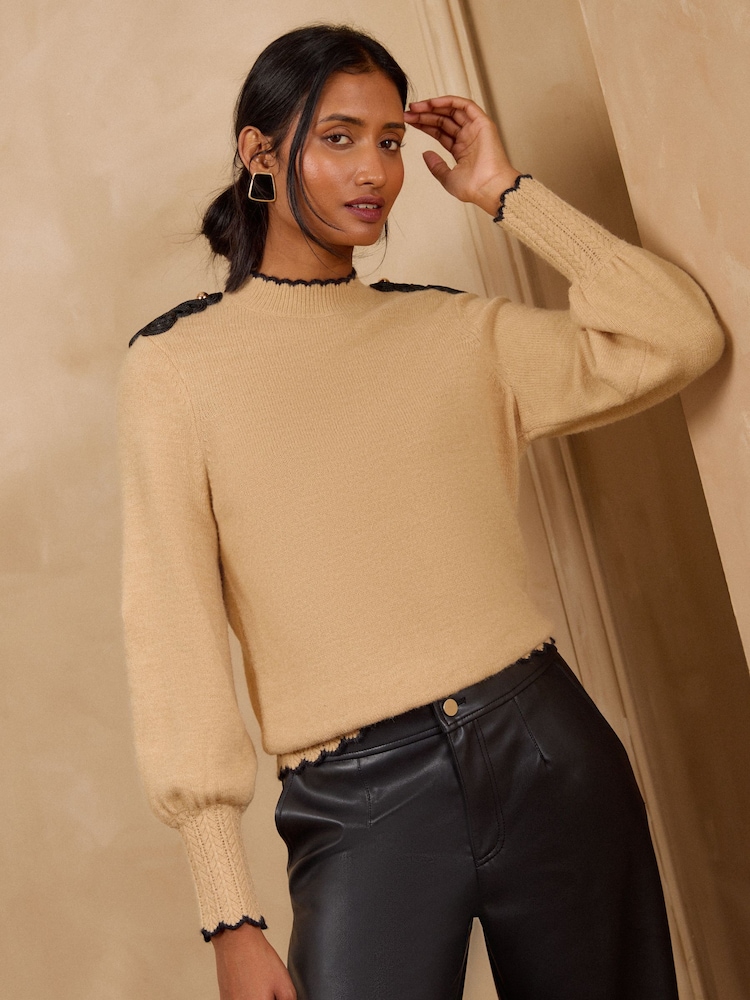 Love & Roses Camel Trim Detail High Neck Cosy Knitted Jumper - Image 2 of 5 Love & Roses Camel Trim Detail High Neck Cosy Knitted Jumper - Image 2 of 5