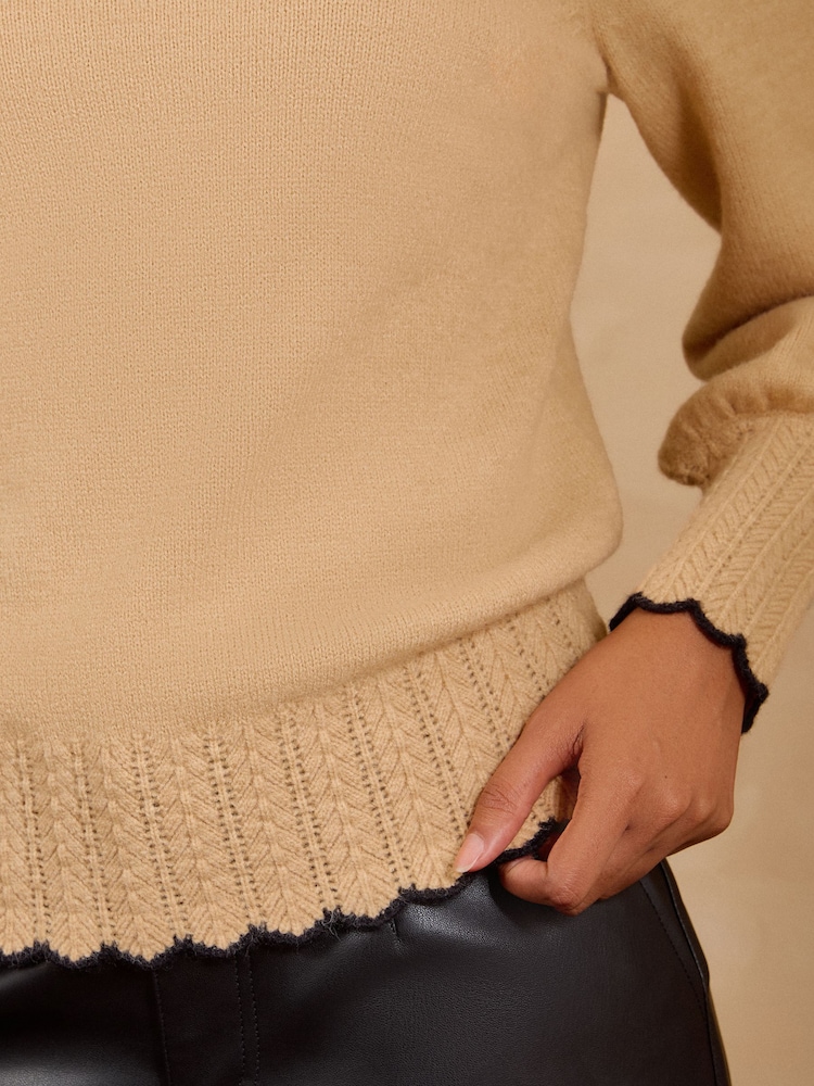 Love & Roses Camel Trim Detail High Neck Cosy Knitted Jumper - Image 5 of 5 Love & Roses Camel Trim Detail High Neck Cosy Knitted Jumper - Image 5 of 5