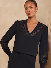 Love & Roses Black Lace Detail V-Neck Knitted Jumper - Image 1 of 6