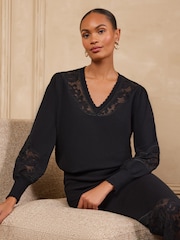 Love & Roses Black Lace Detail V-Neck Knitted Jumper - Image 4 of 6