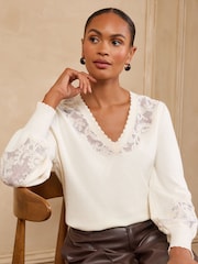 Love & Roses Ivory Lace Detail V-Neck Knitted Jumper - Image 1 of 6