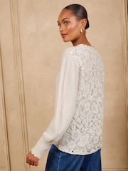 Love & Roses Ivory Lace Back Scalloped Crew Neck Knitted Jumper - Image 1 of 6