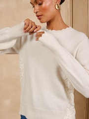 Love & Roses Ivory Lace Back Scalloped Crew Neck Knitted Jumper - Image 3 of 6