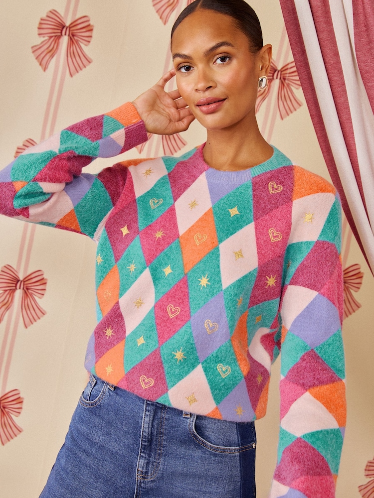 Love & Roses X Kate Fox Multicoloured Diamond Detail Crew Neck Cosy Knitted Jumper - Image 1 of 5 Love & Roses X Kate Fox Multicoloured Diamond Detail Crew Neck Cosy Knitted Jumper - Image 1 of 5