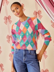 Love & Roses X Kate Fox Multicoloured Diamond Detail Crew Neck Cosy Knitted Jumper - Image 4 of 5