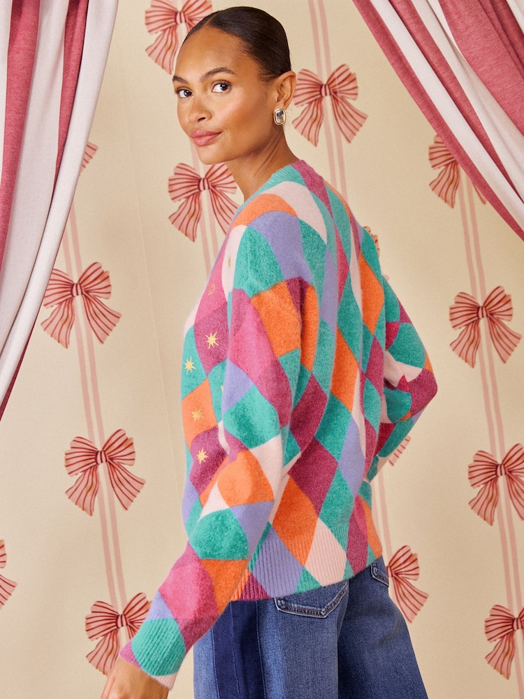 Love & Roses X Kate Fox Multicoloured Diamond Detail Crew Neck Cosy Knitted Jumper - Image 5 of 5 Love & Roses X Kate Fox Multicoloured Diamond Detail Crew Neck Cosy Knitted Jumper - Image 5 of 5