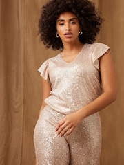 Mint Velvet Gold Sequin Ruffle T-Shirt - Image 1 of 6