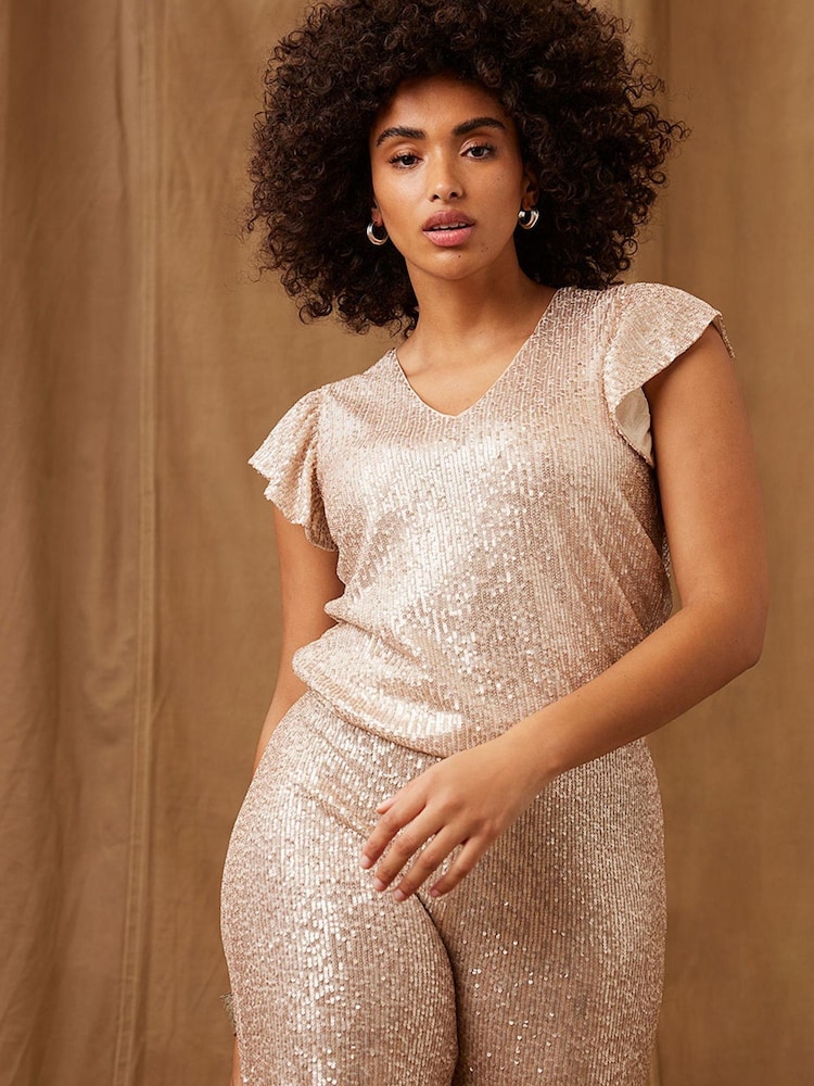 Mint Velvet Gold Sequin Ruffle T-Shirt - Image 1 of 6