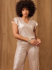 Mint Velvet Gold Sequin Ruffle T-Shirt - Image 2 of 6