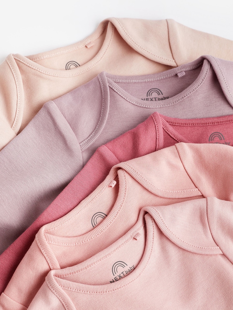 Pink 5 Pack Essential Long Sleeve 100% Cotton Baby Bodysuits - Image 4 of 7