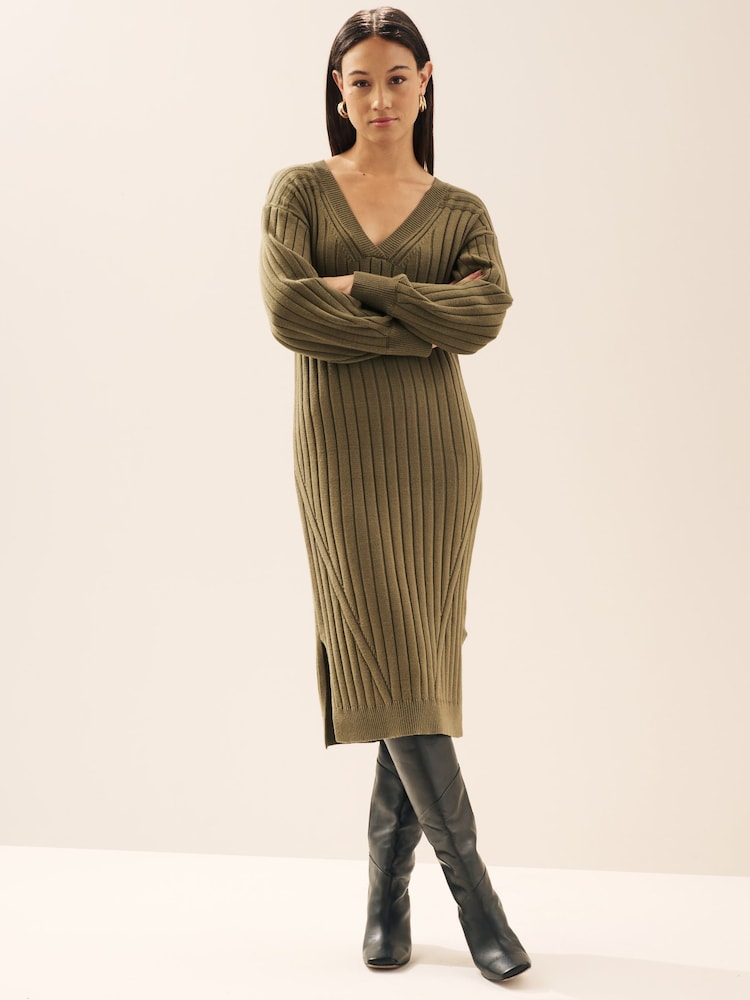 Khaki Green Ribbed V-Neck Knit Jumper Dress - Image 1 of 4