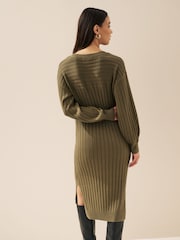 Khaki Green Ribbed V-Neck Knit Jumper Dress - Image 2 of 4