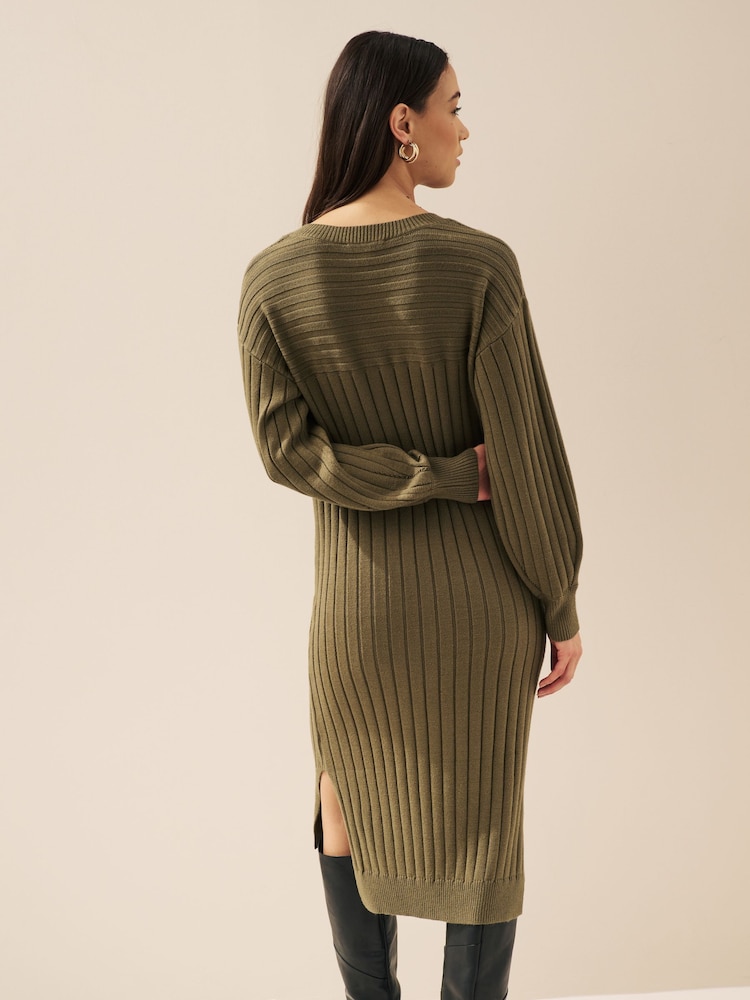 Khaki Green Ribbed V-Neck Knit Jumper Dress - Image 2 of 4