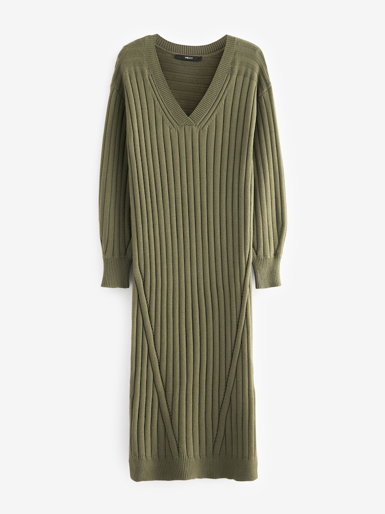 Khaki Green Ribbed V-Neck Knit Jumper Dress - Image 4 of 4