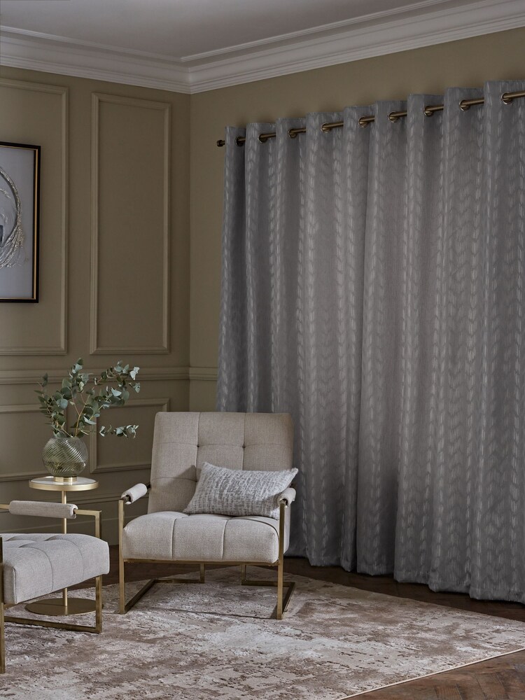 Silver/Gold Shimmer Jacquard Eyelet Lined Curtains - Image 2 of 5