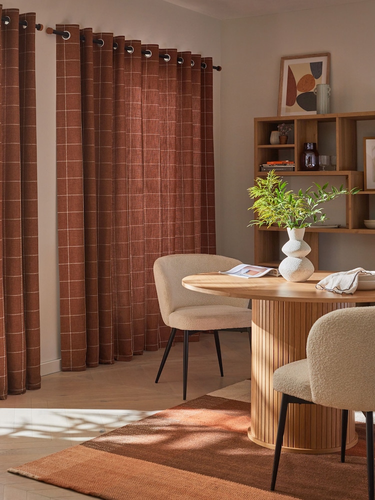 Rust Brown Windowpane Check Lined Eyelet Curtains - Image 2 of 5