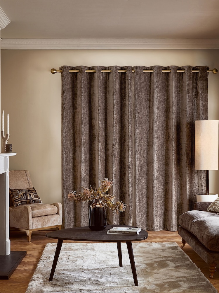 Mink Brown Next Collection Luxe Plush Chenille Lined Eyelet Curtains - Image 1 of 5