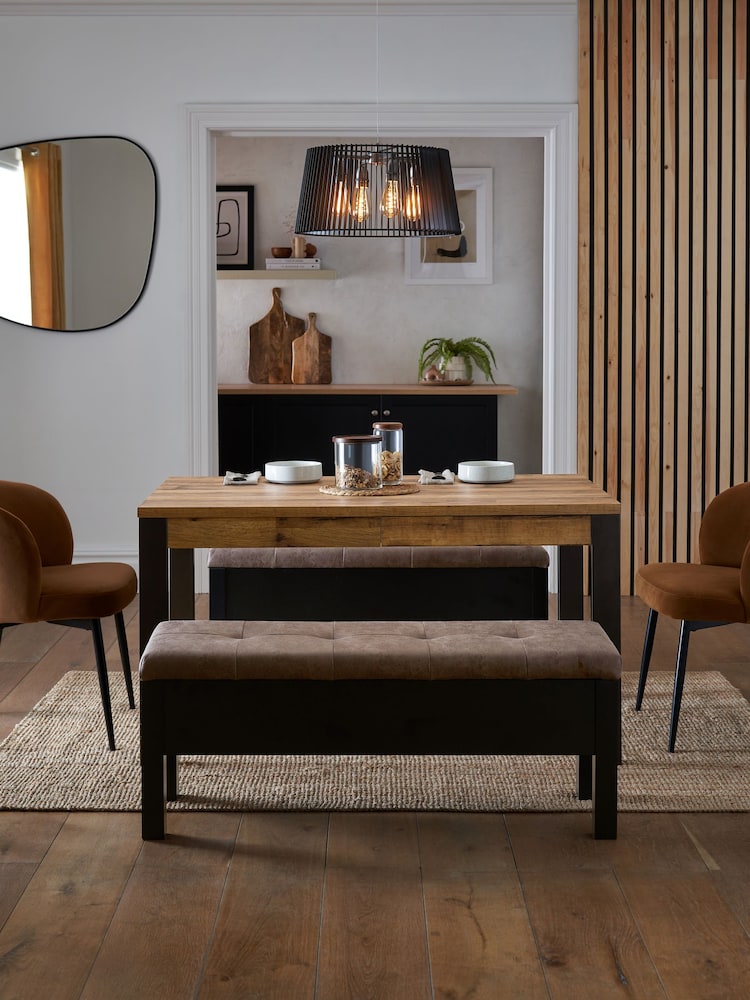 Dark Natural Oak Effect 4 Seater Dining Table and Storage Bench Bronx Set - Image 1 of 10