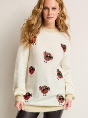 Ecru White Sequin Robins Christmas Jumper - Image 1 of 7