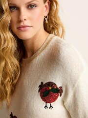 Ecru White Sequin Robins Christmas Jumper - Image 5 of 7