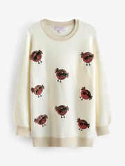 Ecru White Sequin Robins Christmas Jumper - Image 6 of 7