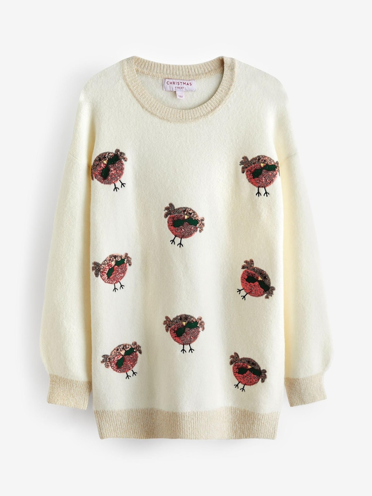 Ecru White Sequin Robins Christmas Jumper - Image 6 of 7