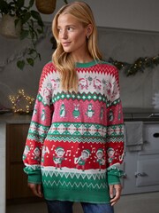 Pink/Green Dancing Elves Womens Christmas Cotton Jumper - Image 1 of 4
