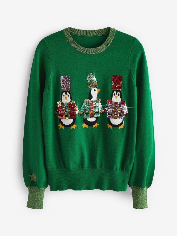 Bright Green Sequin Penguins Christmas Jumper - Image 5 of 6