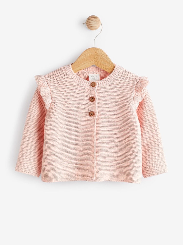 Pink Baby Frill Shoulder Knitted Cardigan (0mths-2yrs) - Image 1 of 6 Pink Baby Frill Shoulder Knitted Cardigan (0mths-2yrs) - Image 1 of 6
