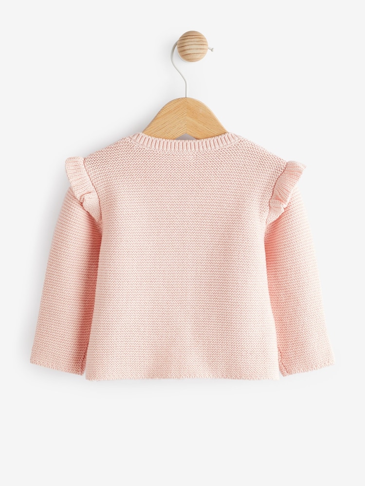 Pink Baby Frill Shoulder Knitted Cardigan (0mths-2yrs) - Image 2 of 6 Pink Baby Frill Shoulder Knitted Cardigan (0mths-2yrs) - Image 2 of 6