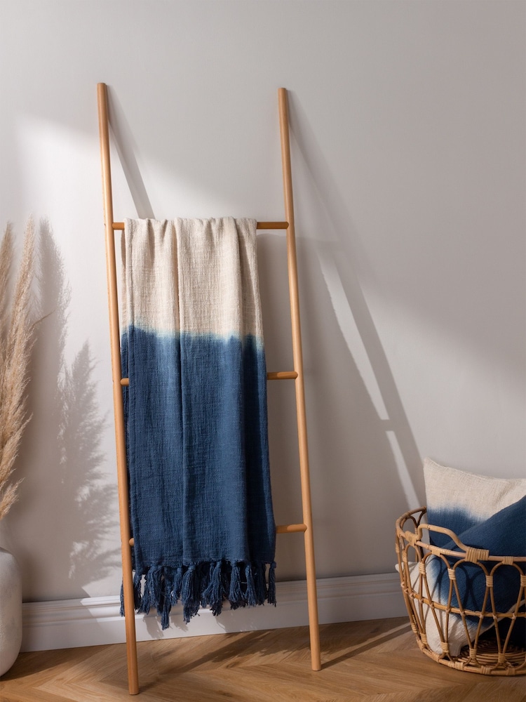 furn. Ink Blue Mizu Dip Dye 100% Cotton Slub Fringed Throw - Image 1 of 4