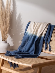 furn. Ink Blue Mizu Dip Dye 100% Cotton Slub Fringed Throw - Image 2 of 4