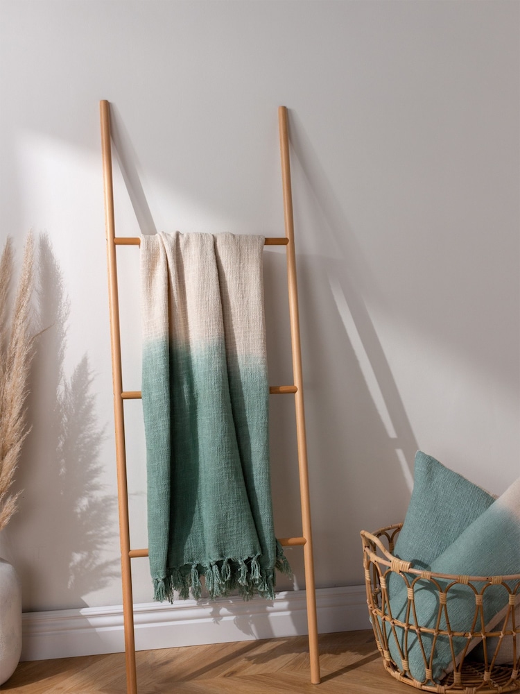 furn. Eucalyptus Green Mizu Dip Dye 100% Cotton Slub Fringed Throw - Image 1 of 3