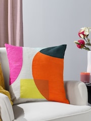 Furn Natural Beige Anjo Geometric Colourblock Crewl Embroidered 100% Cotton Cushion - Image 1 of 7