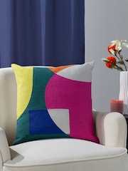 Furn Green Anjo Geometric Colour Block Crewl Embroidered 100% Cotton Cushion - Image 1 of 7