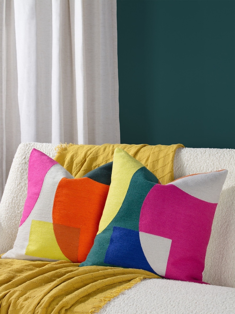 Furn Green Anjo Geometric Colour Block Crewl Embroidered 100% Cotton Cushion - Image 2 of 7