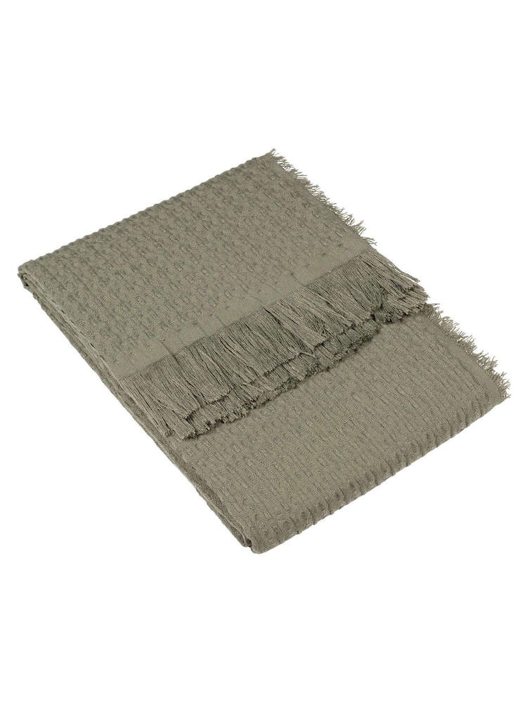 Yard Khaki Green Waffle Raw Frayed Fringed Throw - Image 1 of 2