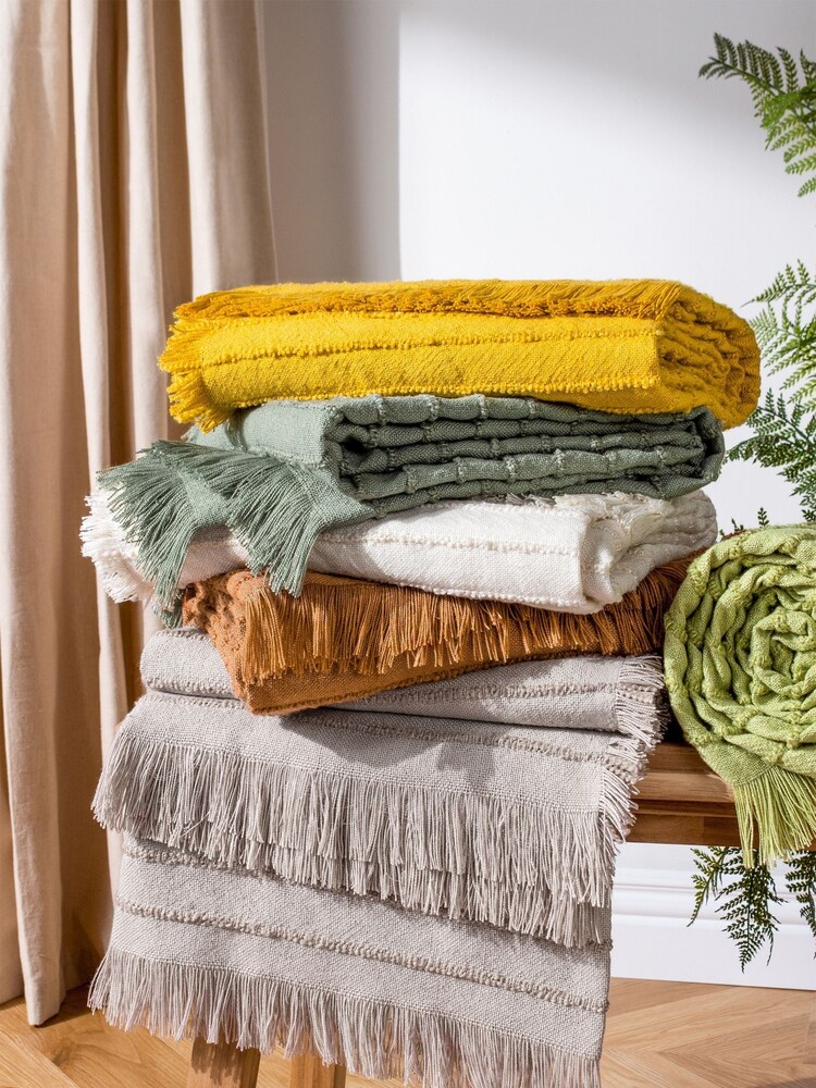 furn. Natural Beige Hazie Linear Woven Fringed Throw - Image 2 of 4