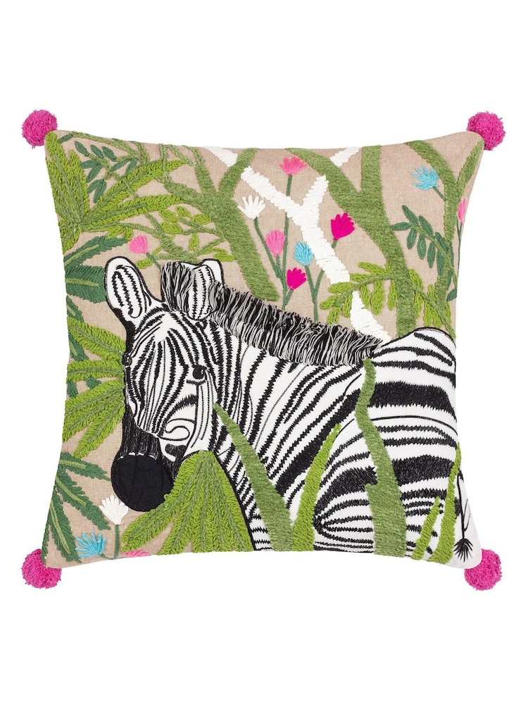 Wylder Green Zedra Jungle Zebra Botanical Embroidered 100% Cotton Cushion - Image 2 of 5