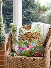 Wylder Tropics Green Sulta Jungle Scene Embroidered 100% Cotton Cushion - Image 1 of 7