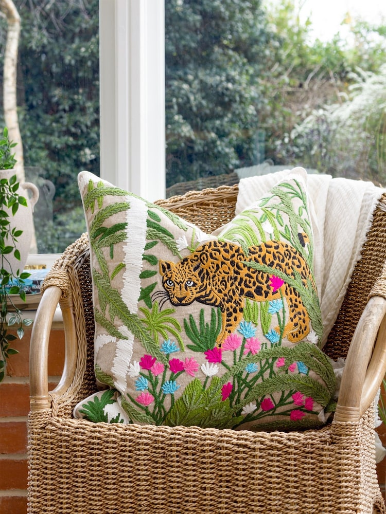 Wylder Tropics Green Sulta Jungle Scene Embroidered 100% Cotton Cushion - Image 1 of 7