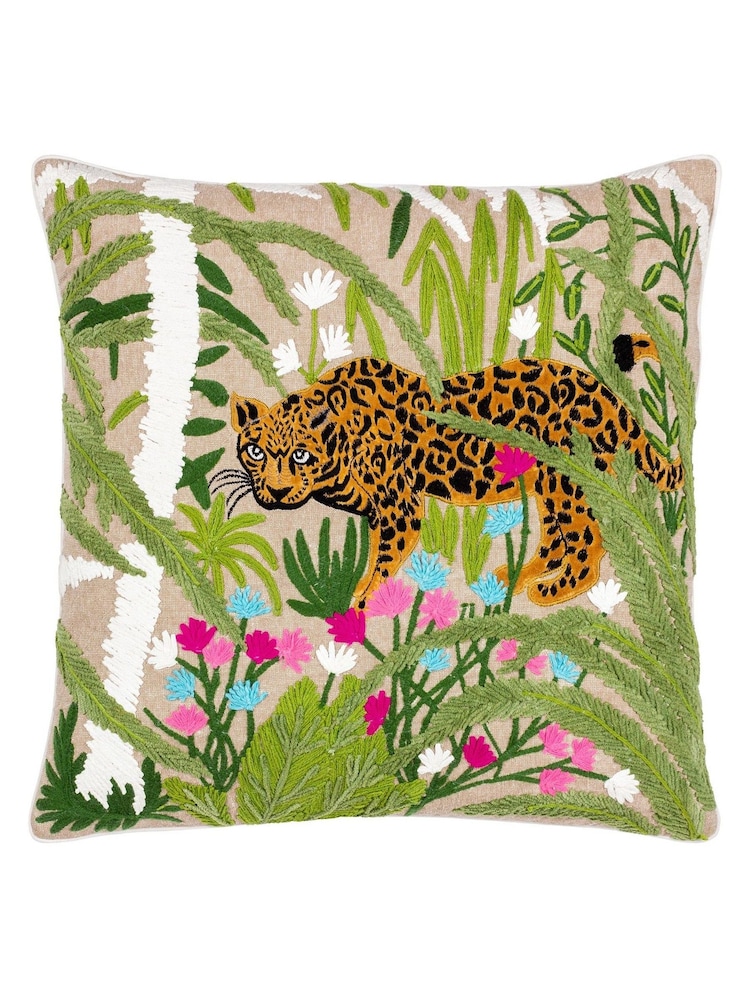 Wylder Tropics Green Sulta Jungle Scene Embroidered 100% Cotton Cushion - Image 2 of 7