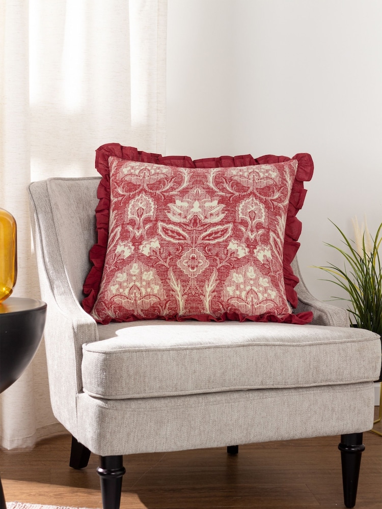 Riva Paoletti Redcurrant Kirkton Floral Tile Cotton Pleated Cushion - Image 1 of 7 Riva Paoletti Redcurrant Kirkton Floral Tile Cotton Pleated Cushion - Image 1 of 7
