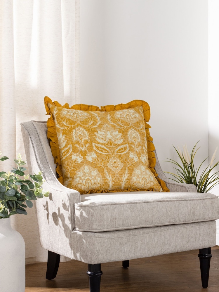 Riva Paoletti Ochre Yellow Kirkton Floral Tile Cotton Pleated Cushion - Image 1 of 7 Riva Paoletti Ochre Yellow Kirkton Floral Tile Cotton Pleated Cushion - Image 1 of 7