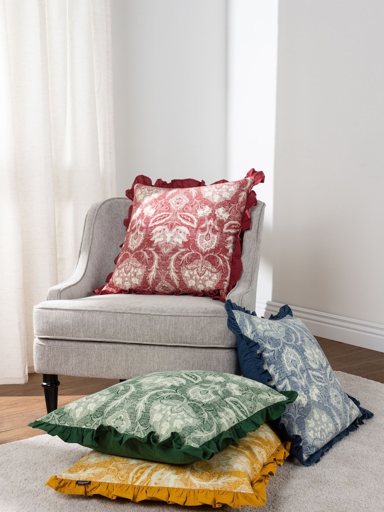 Riva Paoletti Ochre Yellow Kirkton Floral Tile Cotton Pleated Cushion - Image 2 of 7 Riva Paoletti Ochre Yellow Kirkton Floral Tile Cotton Pleated Cushion - Image 2 of 7